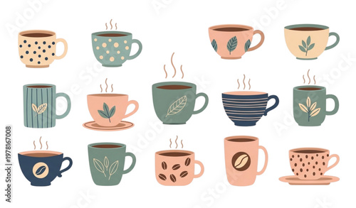 Trendy hand-drawn tea and coffee cups vector set isolated on white background