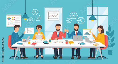 A team of five professionals works together in a modern office, analyzing various data charts and reports at a long white conference table.