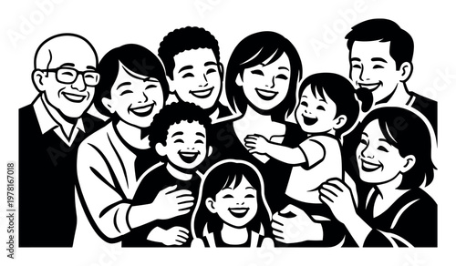 Happy multi-generational family portrait featuring adults, children, and seniors embracing and smiling together, showing unity and love