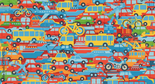 Busy City Street with Many Vehicles and Transportation Modes.