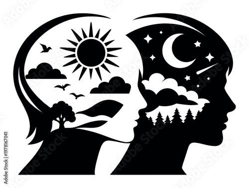 Human heads illustrate the concept of mental duality with day and night scenes, representing thoughts, consciousness, and balance