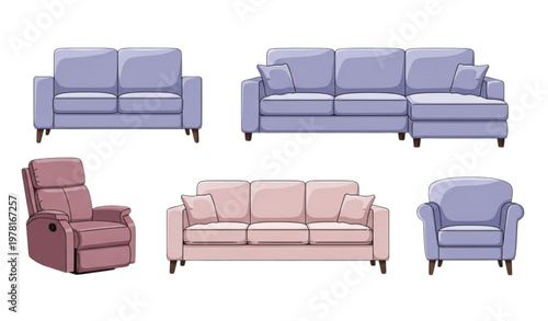 Flat vector illustration set of modern sofas and seating furniture for interiors