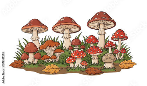 Cartoon mushroom vector set with edible and poisonous mushrooms in forest