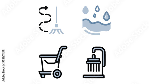 Cleaning icons: Set of essential cleaning icons on a plain background for various house cleaning related concepts.