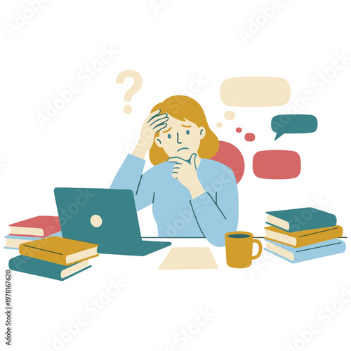 A frustrated woman studies at a desk with books and a laptop.