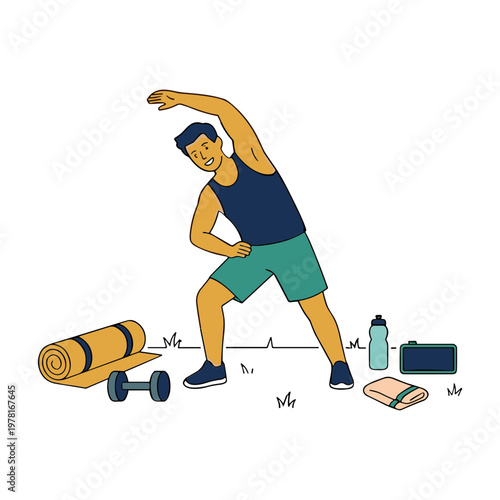 Man stretching with yoga mat and dumbbell outdoors in daytime