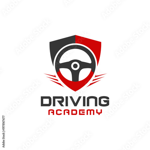 Driving academy logo with a steering wheel graphic, perfect for car schools, training centers, and road safety organizations seeking a professional brand identity.
