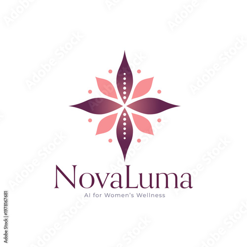 Novaluma logo features a pink and purple stylized flower design. Perfect for cosmetics, spas, floral shops, and wellness brands.