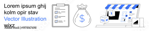 E-commerce, online payments, retail businesses, financial transactions, delivery services, shopping concepts. Includes checklist, money bag storefront. E-commerce and online payments