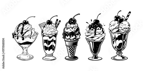 Assorted hand-drawn ice cream sundaes in glass cups and cones with whipped cream, cherries, on white background. Concept of sweet desserts