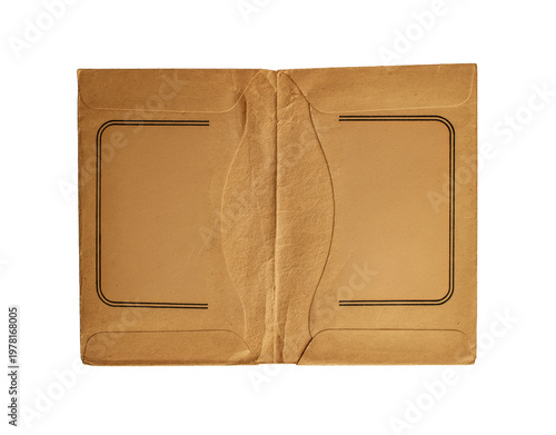 Tablou pe pânză An open vintage brown paper photo frame with a distressed texture, fold marks, and decorative printed borders on an isolated background
