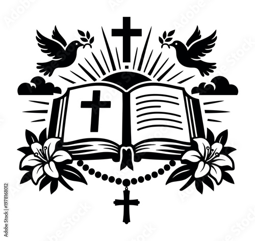 Christian faith concept featuring open Holy Scripture, crucifixes, flying peace doves, rosary beads and white lilies