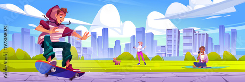 Skater in city park scene cartoon vector landscape
