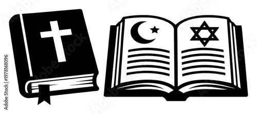 Religious holy books side by side, featuring symbols of Christianity, Islam, and Judaism, portraying interfaith dialogue and spirituality
