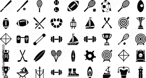 Collection of black silhouette sports and leisure icons