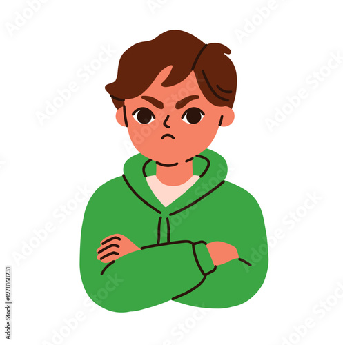 Angry boy, furious annoyed emotion. Stubborn frowning kid, irritated face expression, arms crossed. Child in irritation, annoyance, anger. Flat vector illustration isolated on white background