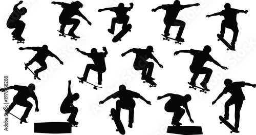 Skateboarders in motion a collection of silhouetted action poses