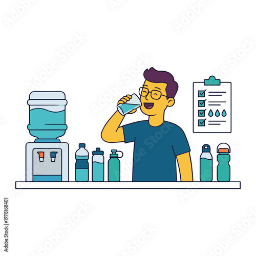 Man drinking water from a glass at a water cooler station with bottles