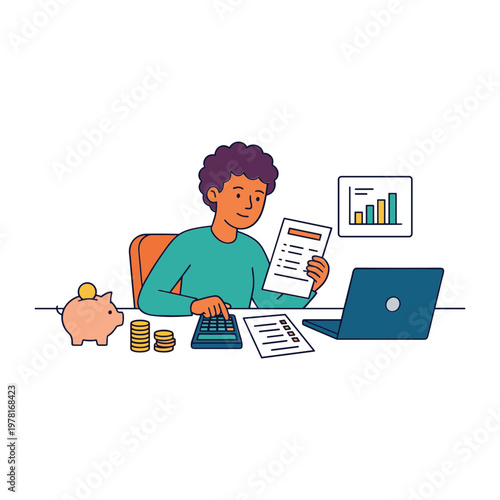 A woman analyzes financial documents at her desk with a laptop and piggy bank.