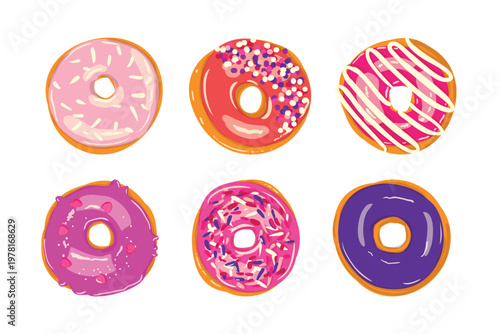 Group of sweet donuts with colorful icing and sprinkles, representing delicious snacks, sugary treats, desserts, and confectionery in a vibrant cartoon illustration