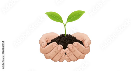 Vector illustration of hands gently holding a small plant growing from soil against a clean white background, symbolizing Earth Day in a minimalist design with a hopeful and environmentally