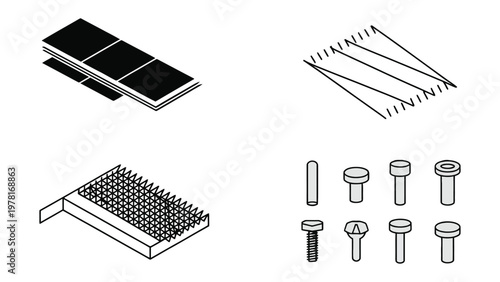 Technical Components Illustration: An array of precise technical components, meticulously illustrated, showcases a range of shapes and forms.