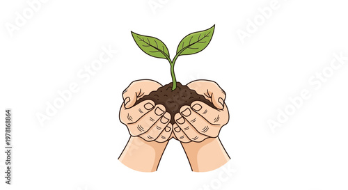 Illustrated vector design showing human hands gently holding a small plant growing from soil, set against a clean white background, conveying a hopeful and environmentally conscious message
