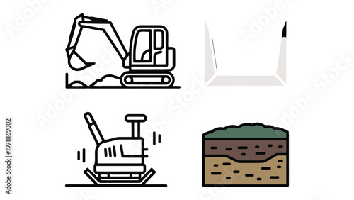 Construction Equipment Icons: Depicting essential tools for construction, a visual guide showcasing an excavator, a compactor, and a cross-section of earth.