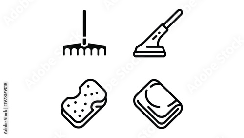 Cleaning Essentials: A set of essential cleaning tools, presented in a minimalist, line art style, perfect for illustrating cleaning concepts, showcasing cleanliness.
