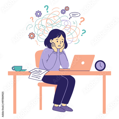 Woman sits at desk with laptop confused amidst paperwork and coffee