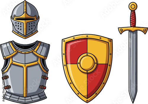 Medieval knight armor set with helmet, shield and sword, fantasy warrior equipment collection isolated vector illustration for game and historical design