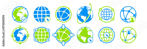 Global Network Vector Icon Set with Earth Globe, Connection Nodes, and Social Communication Symbols