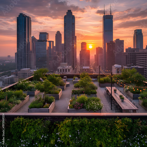 An urban rooftop garden at sunset with a mix of modern skyscrapers and lush greenery