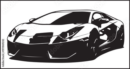 Black and white silhouette of luxury sports car design on transparent background with shadow.