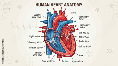 Detailed diagram illustrating the anatomy of the human heart with labeled parts and blood flow.
