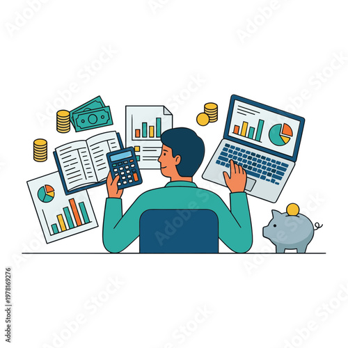 Person sitting at desk calculating finances with laptop and papers