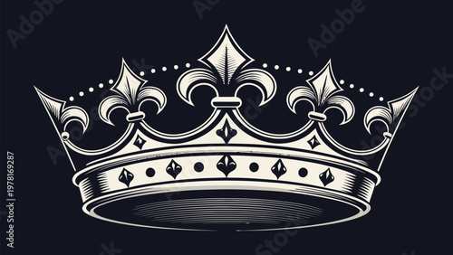 Detailed vector illustration of a medieval european crown silhouette in white on black background with fleur de lis and decorative