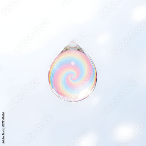A raindrop with a tiny rainbow swirling inside