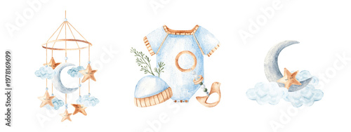 Watercolor baby boy nursery compositions set with moon and stars mobile, bodysuit, cap and teether in soft pastel colors. Hand drawn illustration perfect for nursery decor, baby shower invitations