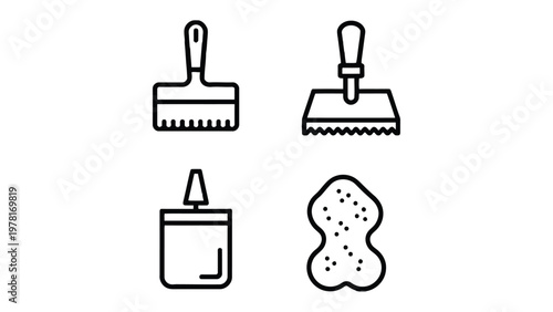 Construction Tools Icons: A set of simplified line icons representing various construction tools essential for construction, DIY projects, and repairs.