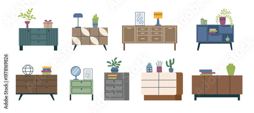 Collection of different chest of drawers isolated on white background2. Vector flat furniture cliparts. Concepts of home, interiors, furniture.