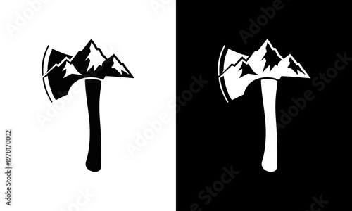 Mountain landscape with axe on white and black background illustration