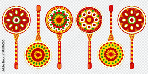 Colorful paska breads with ornate designs and long handles displayed on white