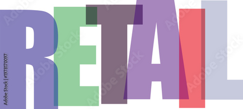 Retail creative typography vector illustration featuring colorful overlapping letters on transparent background for merchandising concepts.