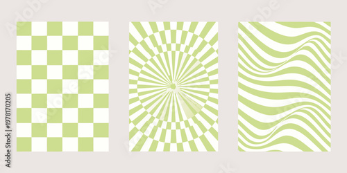 Three optical illusion patterns in shades of green and white