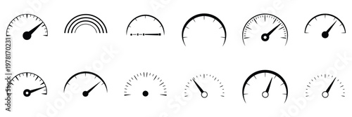 Speedometer and Tachometer Icon Set, Speed Indicator Gauge Collection for Dashboard, Performance Meter, Vehicle Speed Control and Analytics, Vector Illustration for Apps, UI and Web Design