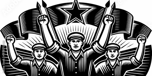 Workers raising flags and portraits in a socialist propaganda illustration