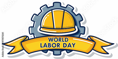 A yellow hard hat with ribbons celebrating world labor day