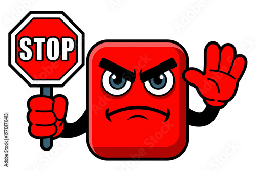 A red cube character with an angry face holding a stop sign and waving its hand in a warning gesture