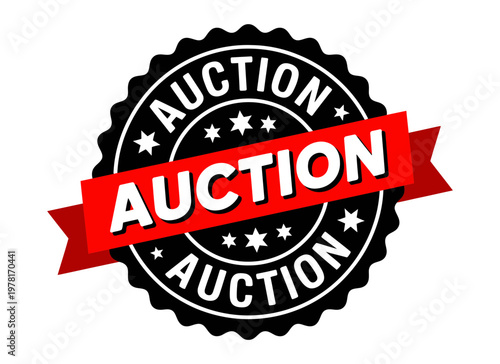 A black and red vector graphic illustration of an auction stamp or seal with the word auction on it